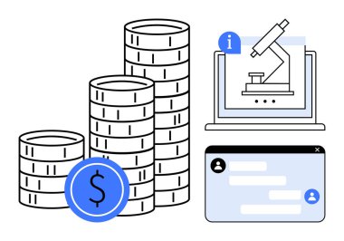 Bir dolar işareti olan bozuk paralar dizüstü bilgisayarda mikroskop ve sohbet penceresi. Finans, araştırma, eğitim, teknoloji, iletişim, yenilik için ideal basit bir iniş sayfası