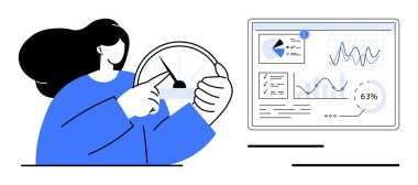 Ekran görüntüleme grafiklerinin yanındaki ölçümleri değerlendirmek için hız göstergesi kadranını kullanan kişi. Yönetim, veri izleme, KPI 'ler, iş büyümesi, performans izleme, optimizasyon, daire