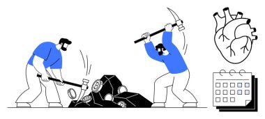 Aletlerle taşları kıran iki adam, anatomik kalp ve takvim. Çaba, takım çalışması, kararlılık, hedefler, sağlık planlama büyümesi için ideal. Çalışma ahlakını basit bir düz metaforla temsil eder.