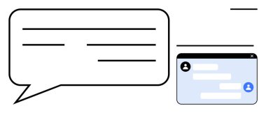 Konuşma balonu ve sohbet penceresi çevrimiçi iletileri vurguluyor. İletişim, teknoloji, takım çalışması, bağlantı, işbirliği, müşteri hizmetleri, basit iniş sayfası için ideal