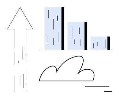 İlerlemeyi gösteren yukarı doğru ok ve bağlantı, büyüme ve yeniliği sembolize eden bulut çizelgesi. İş için ideal, analitik, teknoloji, ilerleme, yaratıcılık, başarı basit iniş