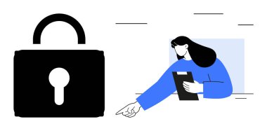 Elinde dosya tutan kadın, kilit sembolünün yakınına işaret ederek veri güvenliği ve mahremiyetini resmediyor. Siber güvenlik, uyum, gizlilik, çevrimiçi güvenlik, bilgi yönetimi, eğitim için ideal