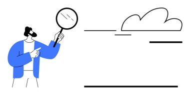 Elinde büyüteç tutan ve bir bulutu işaret eden kişi keşif, analiz ve keşfi temsil ediyor. Araştırma, teknoloji, veri analizi, bulut hesaplaması, yenilikçi öğrenme için ideal