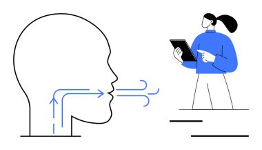 İnsan kafası profili, ses akışını gösteren oklar içeriği gösteren tablet tutan biri. İletişim, eğitim, konuşma teknolojisi, açıklama, etkileşim, öğrenme, basit iniş için ideal