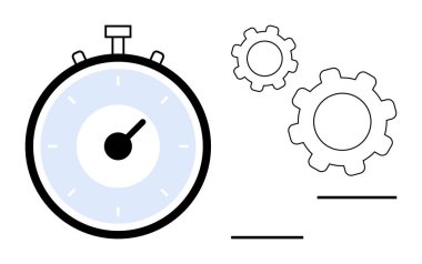 Stopwatch, verimliliği, verimliliği ve süreçlerdeki işbirliğini sembolize eden üç dişlinin yanı sıra. İş planlaması, proje yönetimi, iş akışı, optimizasyon, takım çalışması, teslim tarihleri için ideal