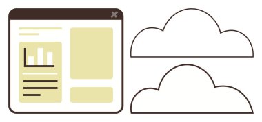 Çizelgeleri ve metinleri gösteren tarayıcı penceresinde iki ana hatlı bulut şekli var. Veri analizi, bulut depolama, çevrimiçi araçlar, işletme, teknoloji, dosya yönetimi ve web çözümleri için ideal