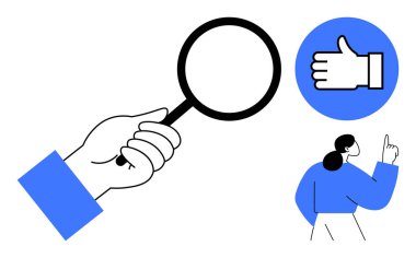 El kavrayıcı büyüteç, mavi bir dairede başparmak kaldırma simgesi, yukarı bakan kadın. Araştırma, araştırma, odaklanma, onay, analiz ekip çalışması ve pazarlama için ideal. Basit biri için mükemmel.