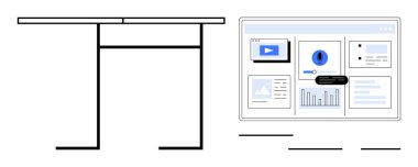 Analiz, çizelge, bildirim ve minimalist tablonun bitişiğindeki belgeleri içeren masaüstü ekranı. Çalışma, ofis, üretkenlik, dijital araçlar, çevrimiçi işbirliği uzaktan çalışma için ideal