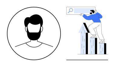 Arama çubuğuna uzanırken yukarı doğru ok atan bir profesyonelin yanında sakallı bir kişinin portre simgesi. Kariyer büyümesi, profesyonel kalkınma, kullanıcı profili, yükselen eğilimler için ideal