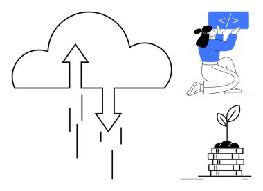 Yükleme ve indirme okları olan bulutlar, tablette kodlanan insanlar ve topraktan filizlenen küçük bitkiler. Teknoloji için ideal, bulut hesaplama, programlama, yenilik, eğitim, çevre basit