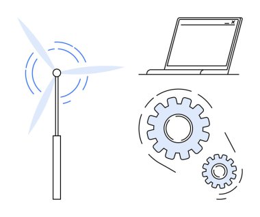 Rüzgar türbininin ürettiği güç, dijital araçları temsil eden dizüstü bilgisayar ve takım çalışmasını ve süreci sembolize eden makine dişlileri. Enerji, teknoloji, yenilik, sürdürülebilirlik, işbirliği için ideal