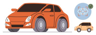 Göz takip sistemi simgesinin yanında büyük tekerlekleri olan turuncu renkli araba ve onaylı tabela. Teknoloji, ulaşım, güvenlik, otomasyon, yenilik, sürücüsüz arabalar, akıllı sistemler için idealdir. Basit.