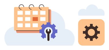Bir bulut depolama simgesinin yanında dişli ikonu olan takvim simgesi, zamanlamayı, görev yönetimini, bulut senkronizasyonunu sembolize ediyor. Üretkenlik, otomasyon, organizasyon, iş akışı, planlama ekibi için ideal