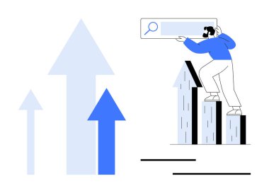 Arama çubuğunda duran, yukarı bakan oklarla çevrili bir şahıs. Büyüme, ilerleme, analiz, iş stratejisi, pazarlama, veri odaklı karar, basit düz metafor