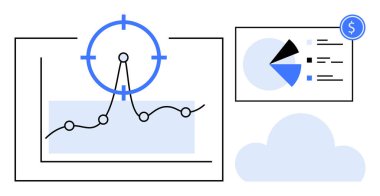 Hedef odaklı grafik çizgisi eğilimleri, pasta grafiği analizleri, bulut depolama ve para birimi ikonu finansal içgörülerin sinyallerini veriyor. İş, finans, strateji, teknoloji, analiz pazarlaması için ideal
