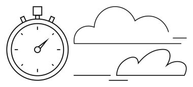 Kronometre hareket eden bulutların yanında zamanı ölçüyor, hızı, verimliliği ve büyümeyi simgeliyor. Üretkenlik, teslim tarihleri, ilerleme, performans değişimi minimalizmi için ideal. Basit düz metafor