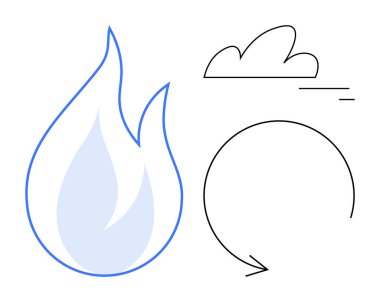 Ateş, bulut ve dairesel ok enerjiyi, doğayı ve yenilenmeyi simgeliyor. Sürdürülebilirlik, enerji, çevre, doğa temiz enerji geri dönüşümü için ideal basit iniş sayfası