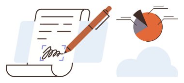 Kağıt parşömen kalem ile imzalanmış. İşaretli kısımları ve bulut simgesi olan bir pasta grafiğinin yanında. İş için ideal, analitik, sözleşmeler, planlama, belgeler, araştırma iletişimi. Basit.