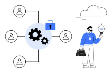 Elinde ampul tutan işadamı, ağ diyagramının yanı sıra güvenlik ve işbirliğini temsil eden kullanıcı simgeleri, vitesleri ve kilidi olan yenilikleri sembolize ediyor. Takım çalışması, teknoloji ve yenilik için ideal