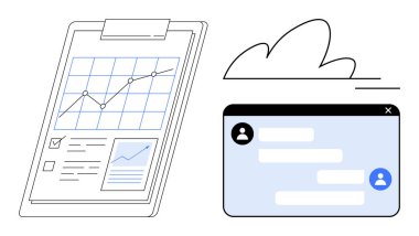 Panodaki büyüme tablosu, yukarıdaki bulut ve sohbet arayüzü verimliliği, analitiği ve dijital bağlantıyı yansıtıyor. İş, iletişim, takım çalışması, strateji yenilik planlaması için ideal