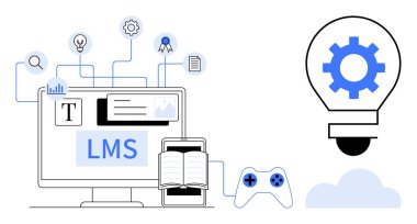 Simgelerle bağlı LMS arayüzü, kitabı ve oyun kontrolörüyle bilgisayar ve içinde teçhizat olan bir ampul. E-öğrenim, yenilik, bilgi, eğitim, teknoloji, üretkenlik için ideal basit