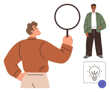 Fikir ikonu kavrayışı önerirken, elinde büyüteç tutan bir adam başka bir bireyi gözlemliyor. Problem çözme, değerlendirme, araştırma, takım çalışması, yenilik, gözlem, işe alım için ideal