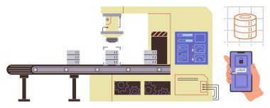 Taşıyıcı bant, kontrol panelinin yanına, robotik kolun altında istiflenmiş eşyalar taşıyor. Akıllı telefon kilidi açar ve monitörleri açar. Teknoloji, otomasyon, fabrika, yenilik, robotik, akıllı endüstri için ideal