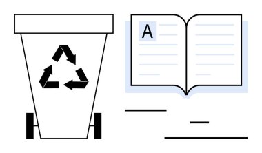 Satır ve harf A olan açık bir kitabın yanında geri dönüşüm kutusu. Öğrenim, çevre bakımı, eğitim, sürdürülebilirlik, atık azaltma, bilgi paylaşımı, basit iniş sayfası