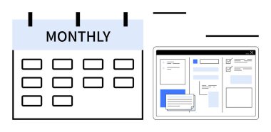 Aylık takvimde günler ve görevleri, notları ve onay kutularını gösteren dijital arayüz etiketlenmiştir. Üretkenlik, organizasyon, planlama, zamanlama, görev izleme, zaman yönetimi için ideal