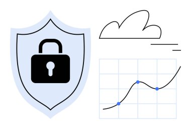 Güvenlik kilidi olan kalkan, depolamayı sembolize eden bulut veri analizini temsil eden grafik. Siber güvenlik, bulut yönetimi, analitik, dijital güvenlik, güvenli depolama, modern teknoloji için ideal