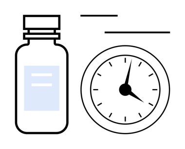 İlaç şişesi, saatin yanında aciliyet ve zamanlamayı gösteriyor. Sağlık, ilaç, zaman yönetimi, sağlık planlaması, ilaç endüstrisi, programlar, hatırlatıcılar için idealdir. Basit düz metafor
