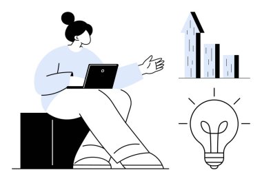 Dizüstü bilgisayarlı bir kadın yükselen bar tablosunu ve ampulü göstererek büyümeyi, yeniliği ve fikirleri sembolize ediyor. İş geliştirme, strateji planlaması, beyin fırtınası ve eğitim için ideal