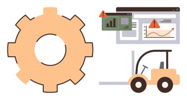 Forklift ve alarm ve çizelgeli dijital panellerin yanında vites sembolü. Otomasyon, endüstri, lojistik, güvenlik, imalat, işlemler ve verimlilik için ideal. Basit düz metafor