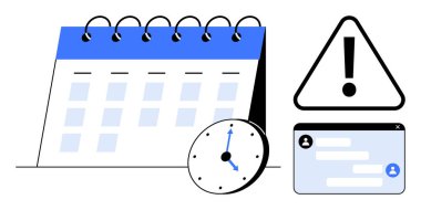 Spiral takvim, saati gösteren saat, uyarı sembolü ve sohbet bildirimi. Zamanlama, planlama, mühlet takibi, verimlilik, zaman yönetimi görev öncelikleri basit iniş sayfası için ideal