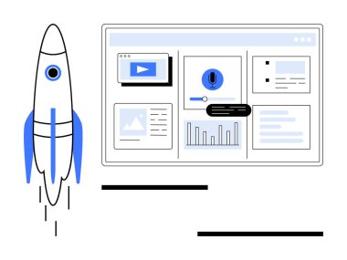 Roket torpido gözüne doğru yükseliyor veri analizi, medya ve kontrollerini gösteriyor. Ticari büyüme, girişim, yenilik, teknoloji, ilerleme, üretkenlik için ideal basit düz