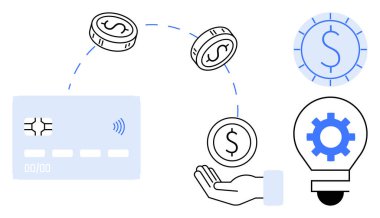 Kredi kartıyla el arasında dolaşan madeni paralar, içinde teçhizat olan ampul, ödeme çözümlerini simgeliyor. E-ticaret, fintech, yenilik, otomasyon, tasarruf, yatırım modernizasyonu için ideal