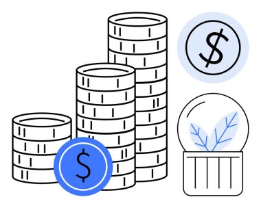 Birikmiş madeni paralar, dolar sembolleri ve cam kubbe içindeki bir bitki mali büyümeyi, tasarrufu, sürdürülebilirliği ve yatırımı resmediyor. İş, ekonomi ve bankacılık çevresi zenginliği için ideal