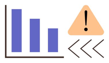 Uyarı işareti ve okların yanında kolonların azaldığı çubuk çizelgesi. Ticari risk, performans analizi, uyarı sinyalleri, ekonomik eğilimler, veri analizi, risk raporlama, basit düz