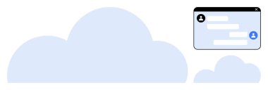 Büyük mavi bulut, daha küçük bulut şekilleri ve metin baloncukları ve kullanıcı profilleriyle sohbet arayüzü. Bulut hesaplama, iletişim, çevrimiçi işbirliği, sanal iş, mesajlaşma, dosya için ideal