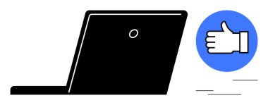 Dizüstü bilgisayarın yanında mavi dairede pozitifliği, başarıyı, onayı, takım çalışmasını, teknolojiyi, kullanıcı etkileşimini, uzaktan çalışmayı sembolize eden bir simge aç. Sosyal medya iletişimi için ideal dijital