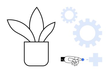 Robot el büyüme düğümüne, minimalist saksıya, dişlilere ve çapraz ikona dokunuyor. Teknoloji, ekoloji, yenilik, büyüme sürdürülebilirliği robotlar ve denge için idealdir. Basit düz metafor