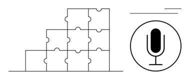 Yığılmış bulmaca blokları bir mikrofon ikonu ile eşleştirilmiş, takım çalışmasını, problem çözmeyi ve etkili iletişimi sembolize ediyor. İşbirliği, eğitim, strateji, podcast, yaratıcılık konuşması için ideal