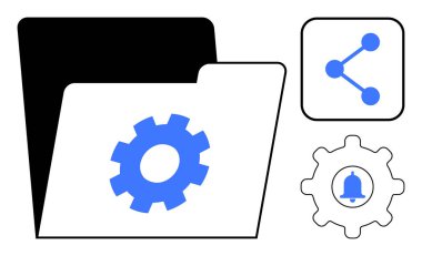 Dişli simgesi olan dizin, paylaşım sembolü, tebligat dişlisi. Teknoloji, dosya yönetimi, bulut depolama, uygulama tasarımı, veri paylaşımı, iş akışı otomasyonu basit iniş sayfası için ideal