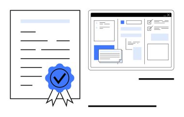 Formları, kontrol listelerini ve mesajları gösteren bir web arayüzü ile birlikte onay mührü içeren belge. Onay, onay, lisans, e-imza, online kayıt, sertifika için ideal