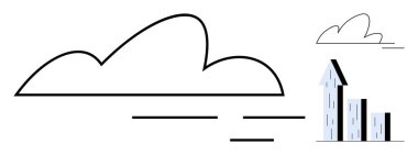 İlerlemeyi, büyümeyi, dijital çözümleri sembolize eden, yükselen çizelge çizelgesine sahip büyük bulut. İş, analitik, strateji, yenilik, veri depolama başarı zihniyeti için idealdir. Basit iniş