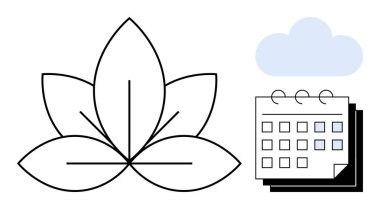 Nilüfer çiçeği ana hatları, işaretli tarihlerle dolu takvim, ve refahı temsil eden bulut, organizasyon, büyüme, farkındalık, farkındalık, yaşam tarzı dengesi ve verimliliği temsil ediyor. Basit düz metafor için ideal