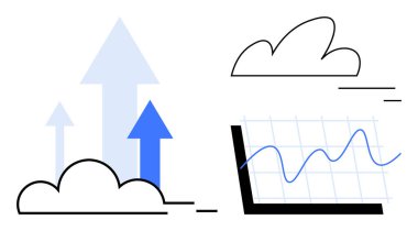 Bulutların üzerinde yükselen oklar yukarı doğru giden eğilimleri gösteren bir grafikle. Başarı, ilerleme, finans, veri analizleri, yenilik, teknoloji, iş büyümesi için ideal, basit iniş sayfası