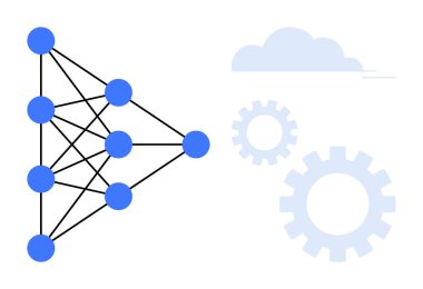 Vites ve bulut ile sinirsel bir ağ oluşturan bağlanmış düğümler. Teknoloji, yapay zeka, otomasyon, yenilik, veri analizi, bulut hesaplaması, soyut tasarım için ideal. Basit düz metafor