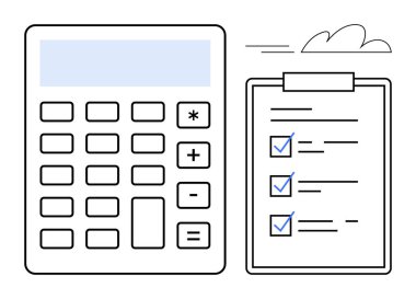 Tamamlanmış kontrol listesi olan hesap makinesi ve pano, organizasyon, finansal planlama ve verimliliği ima ediyor. Muhasebe, değerlendirme, görev yönetimi, bütçe belirleme, analiz ve iş için idealdir.
