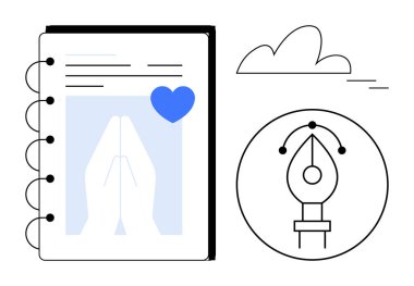 İçinde kalp, bulut grafiği ve kalem aleti olan dua eden eller olan bir defter. Yaratıcılık, inanç, meditasyon, tasarım, maneviyat minimalist kavramlar için idealdir. Basit düz